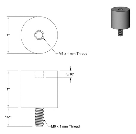 6mm Stud - Male/Female Rubber Isolator (1" Diameter x 1" Length)